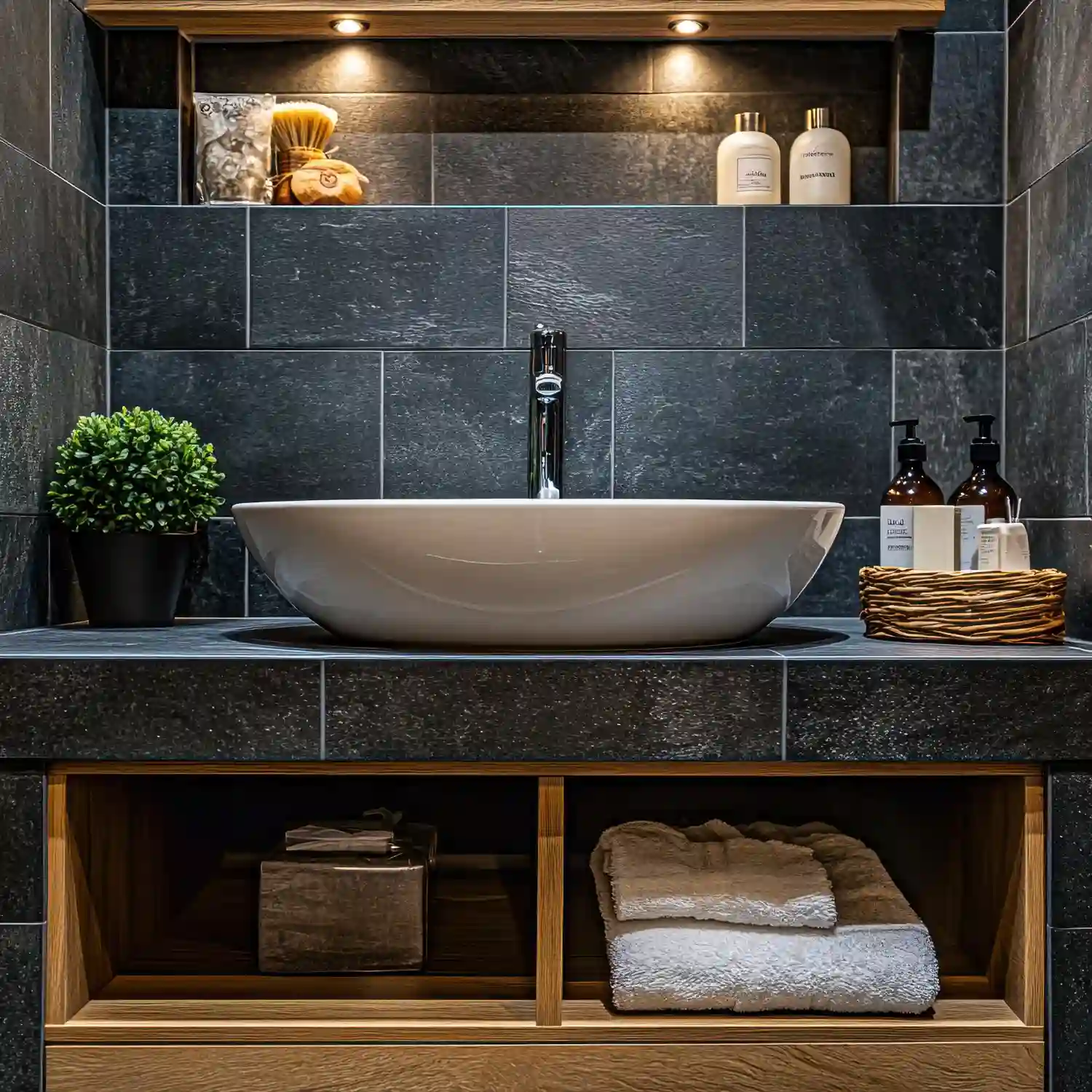 Honed travertine floor tile in warm cream tones on a spa bathroom shower wall