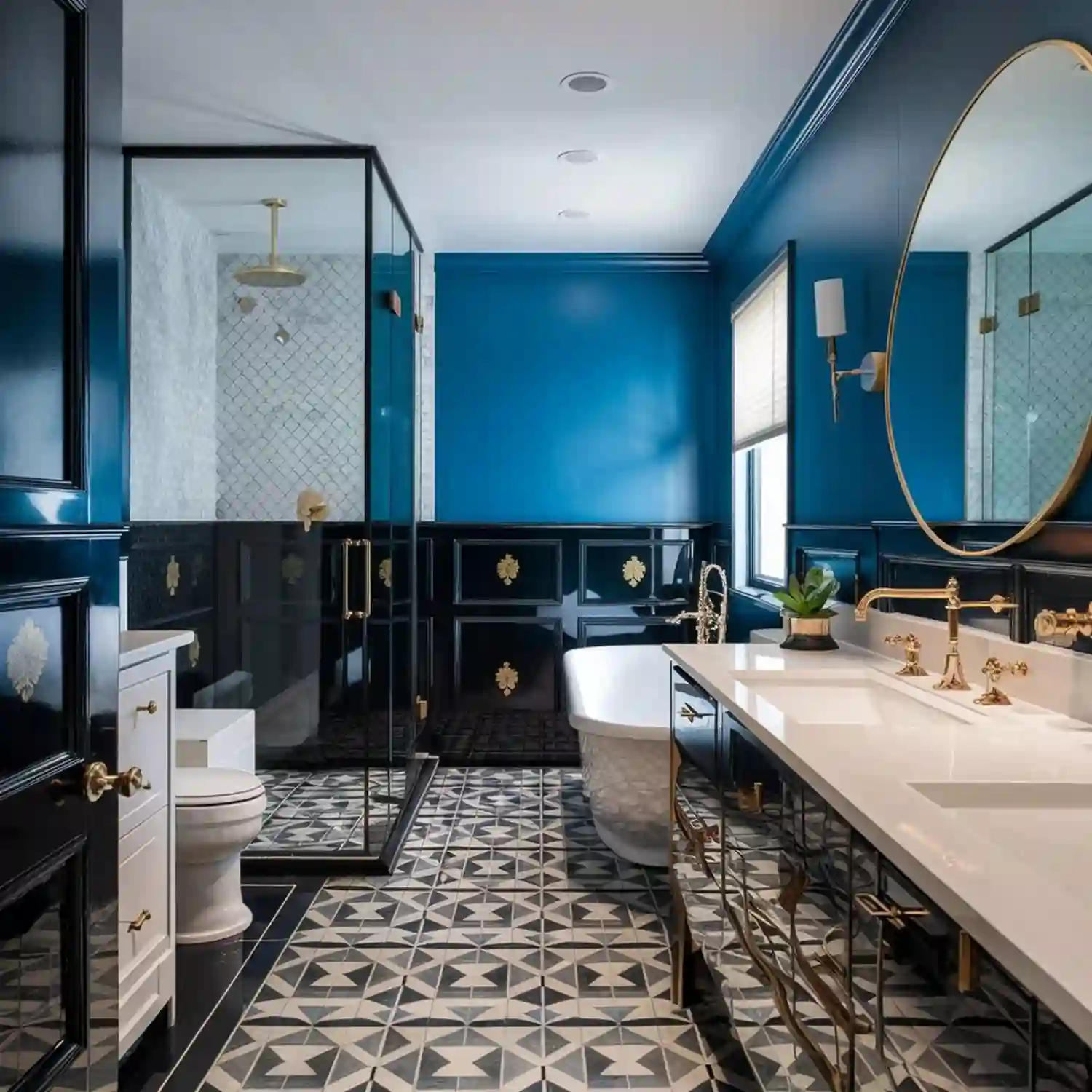 Navy blue bathroom vanity with white subway tile, chrome fixtures, and a round mirror
