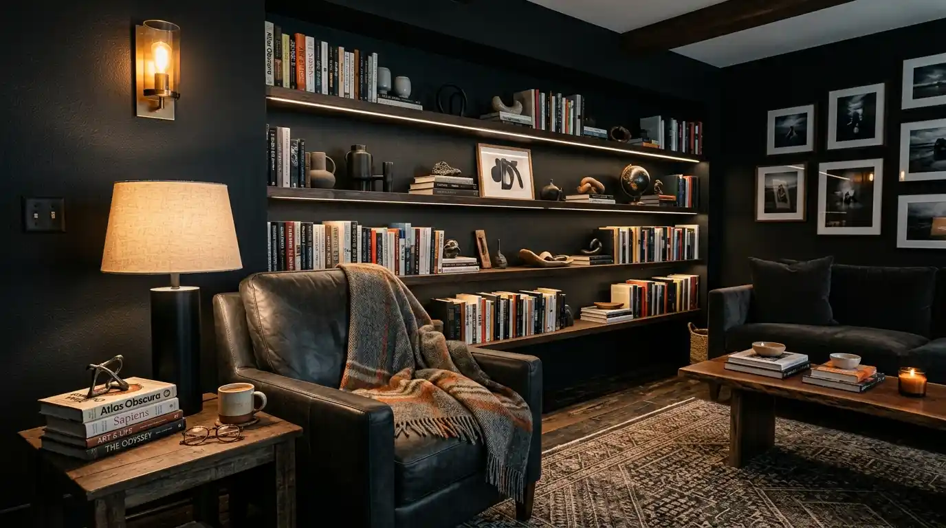 Deep navy home bar with brass foot rail, brass stools, and a backlit bottle shelf