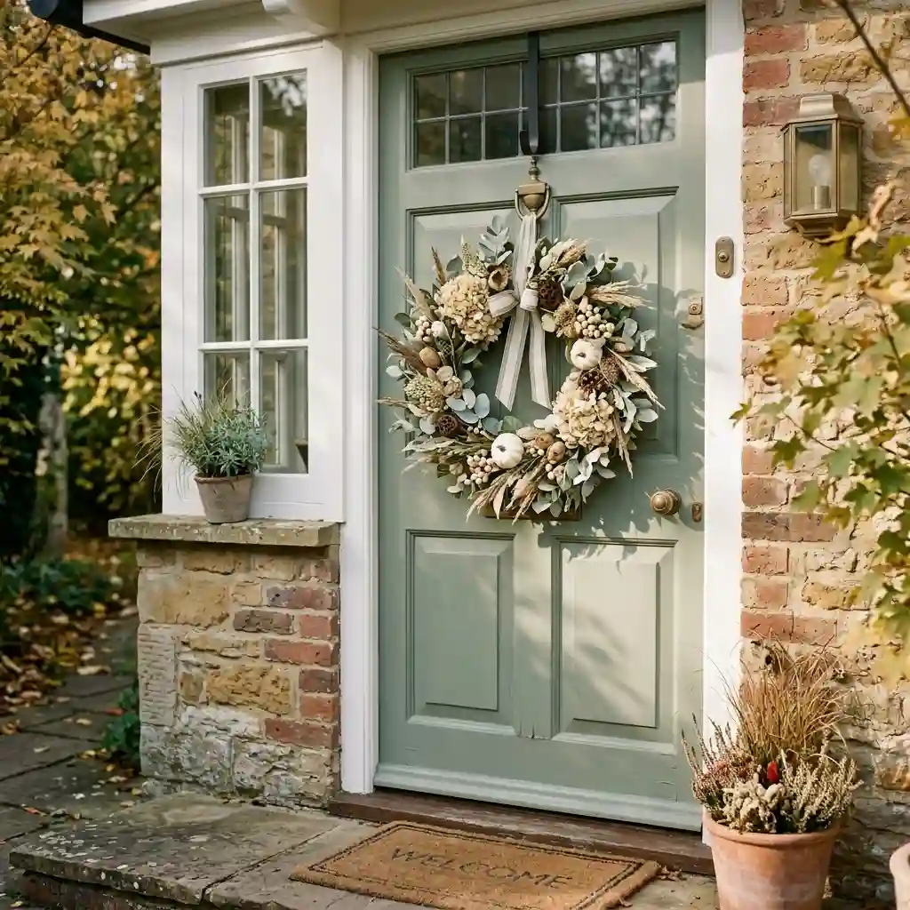 Muted cream and sage autumn wreath on a sage green door showing soft afternoon shadows