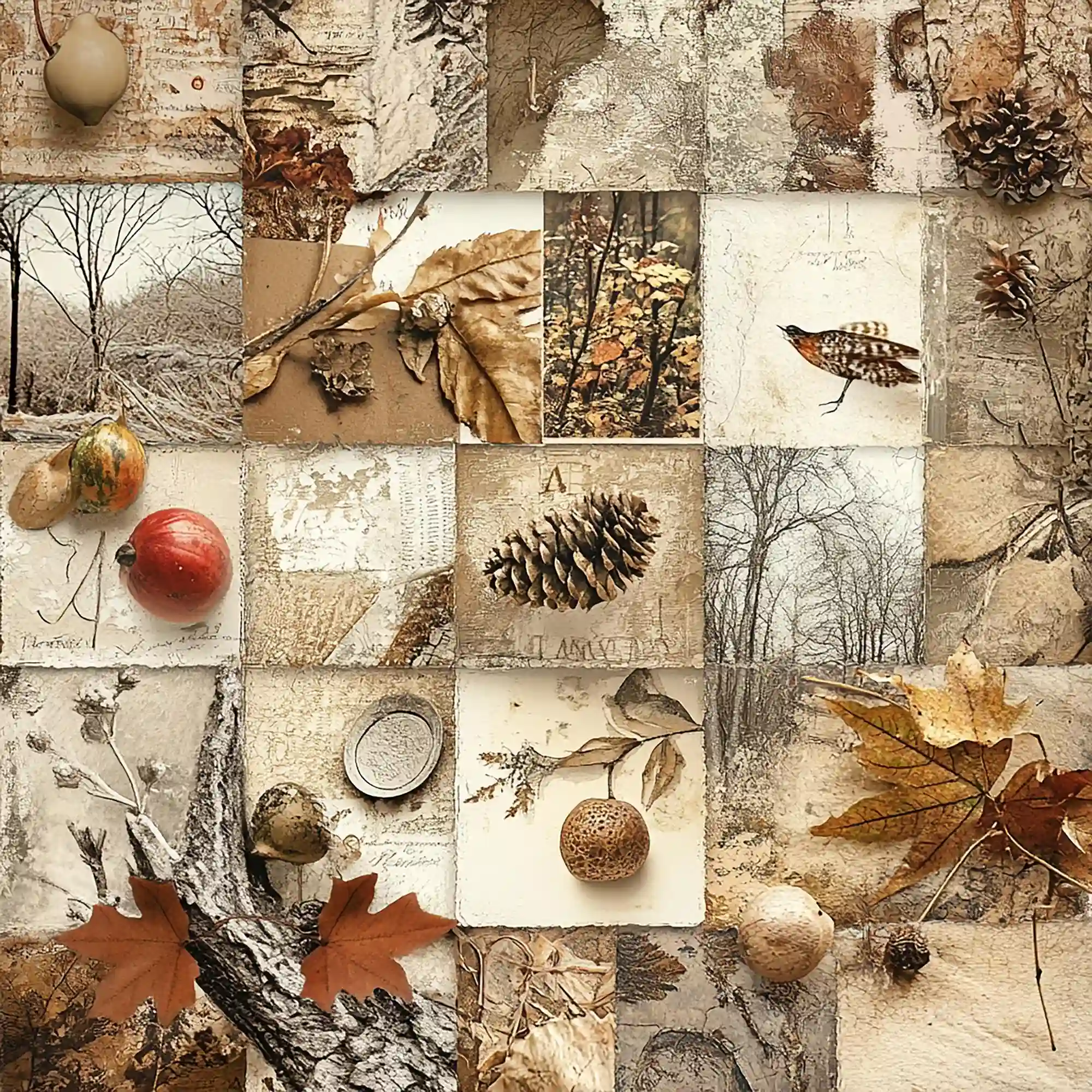 Flat lay of wheat, warm cream, muted clay and olive fabric swatches with dried stems and a bay leaf