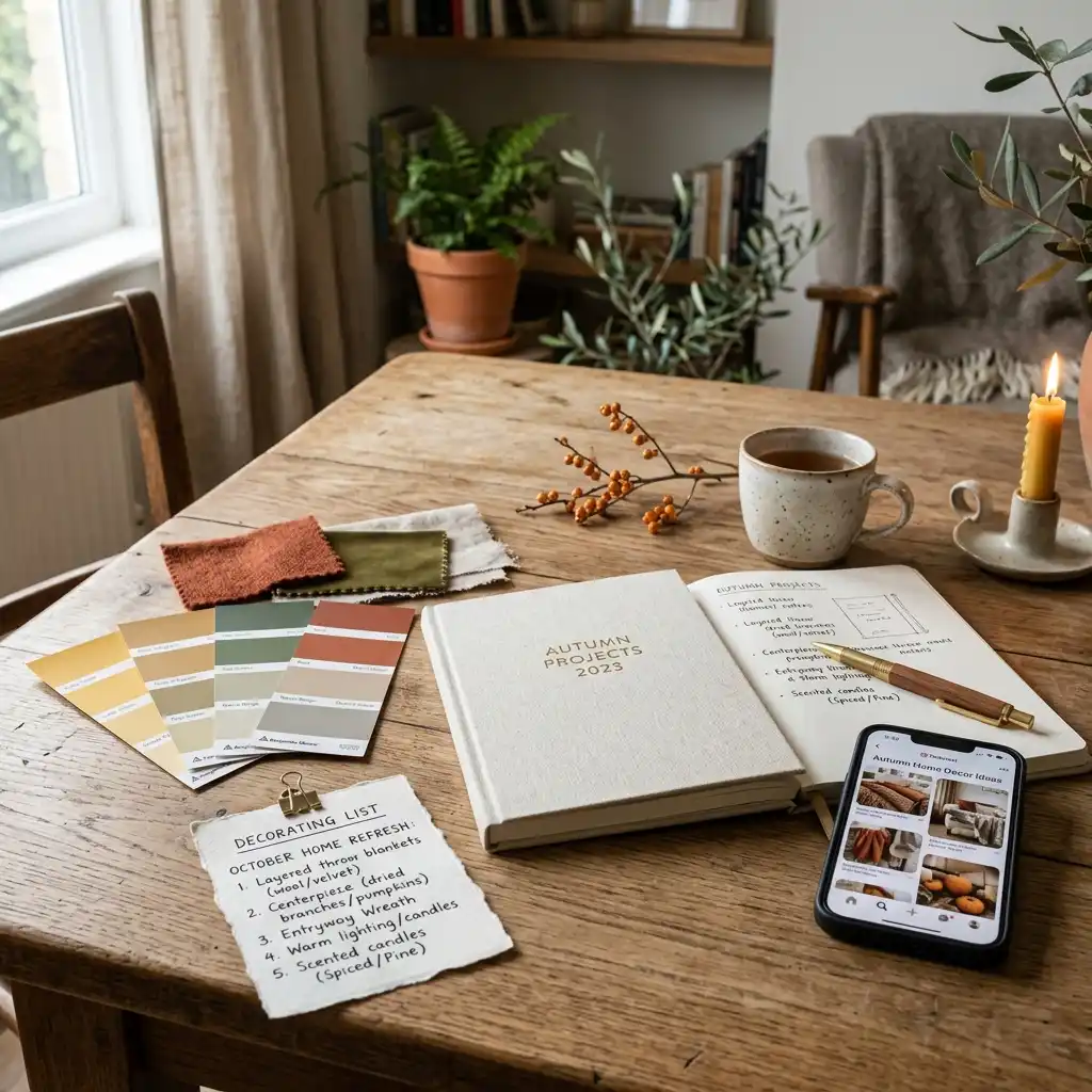Autumn planning desk with a decorating checklist, an Autumn Projects notebook, paint swatch fans, fabric samples, a phone of saved ideas and a lit candle