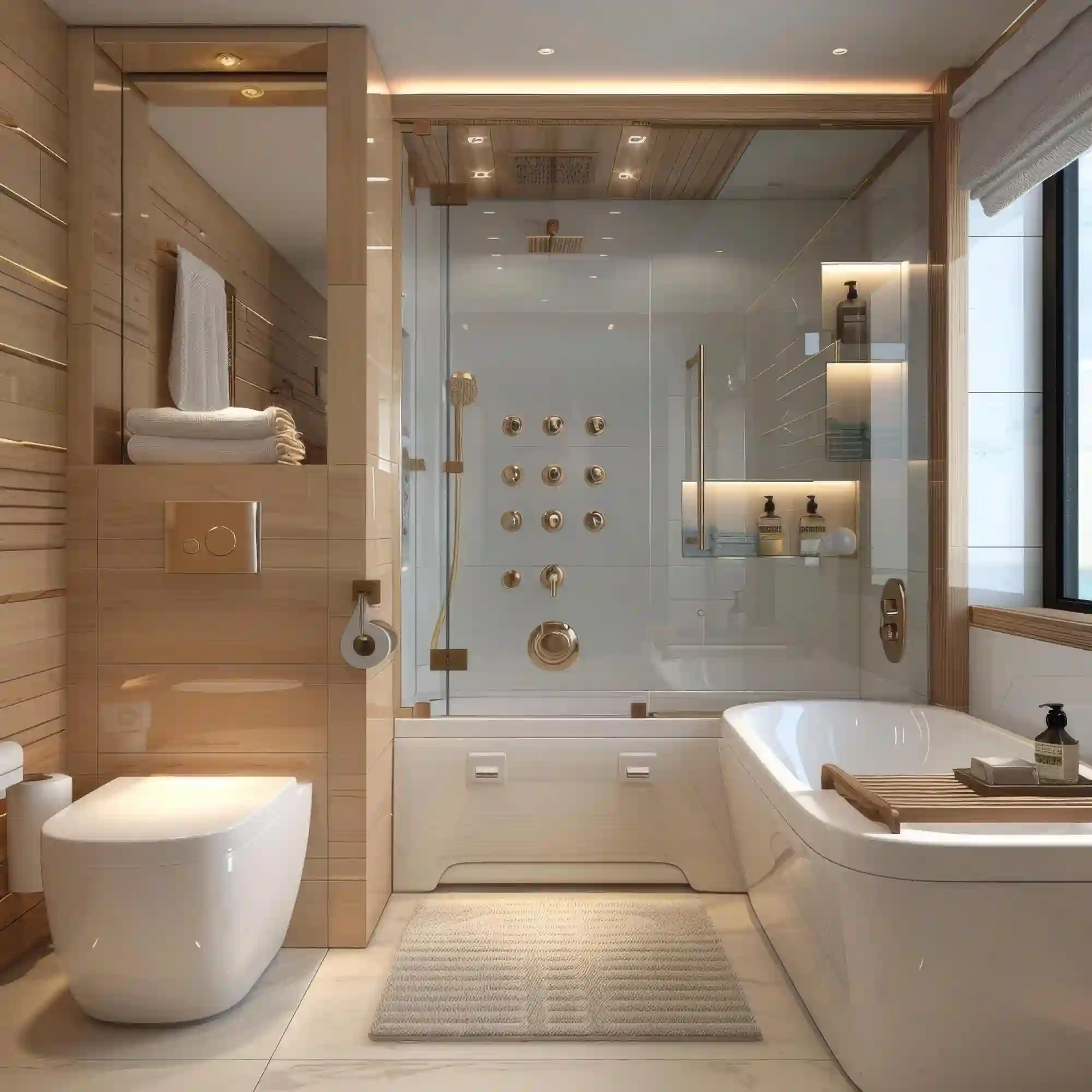 No-threshold wet room shower with sloped tile floor and a single glass panel