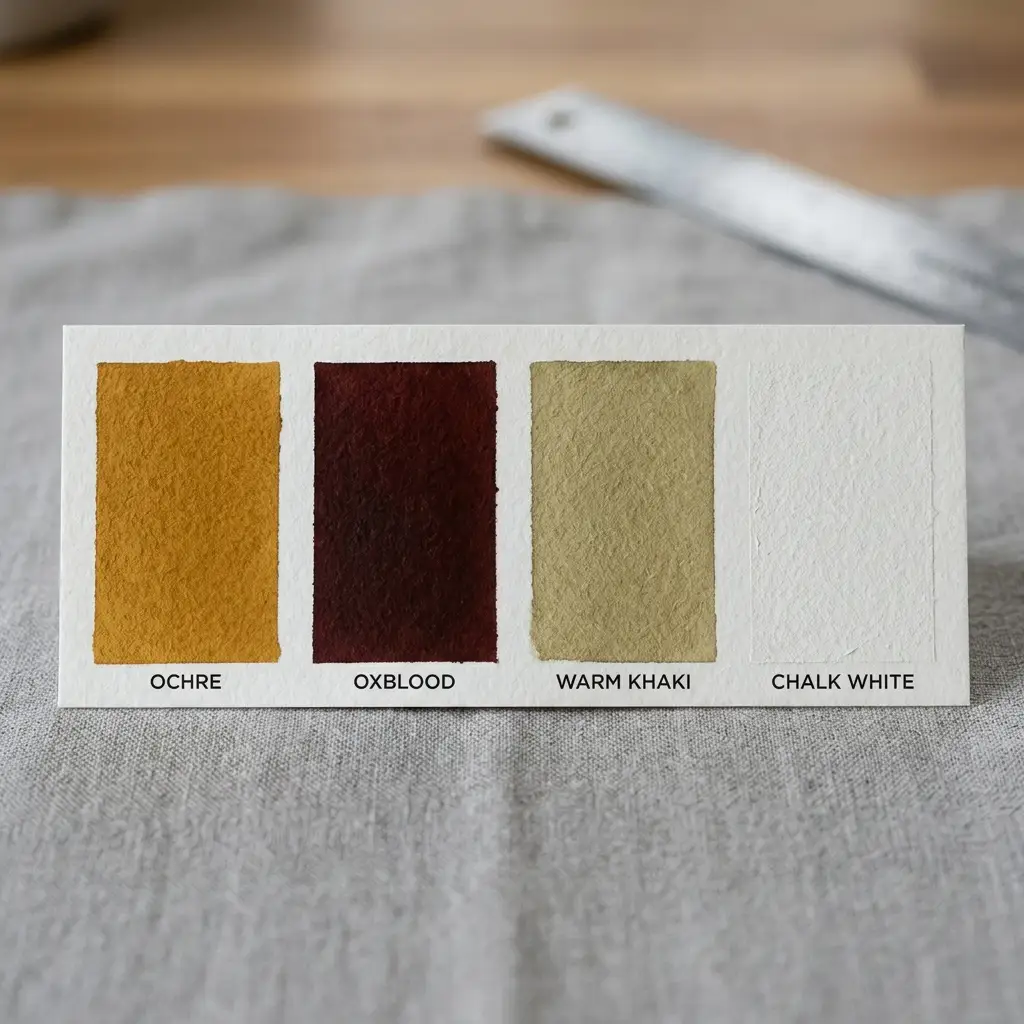 Close-up color strip showing ochre, oxblood, warm khaki and chalk white side by side