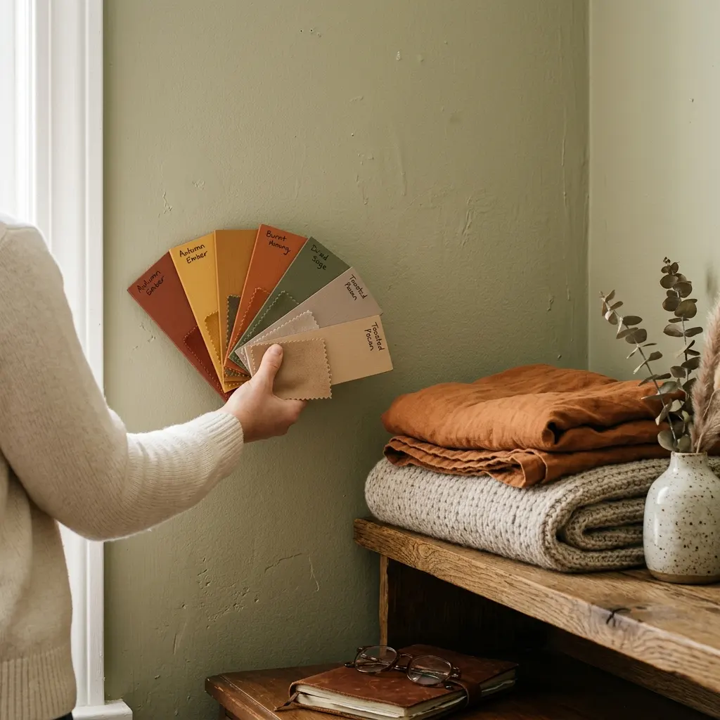 Hand holding a fan of autumn paint swatches against a sage painted wall beside folded rust linen and a cream wool throw