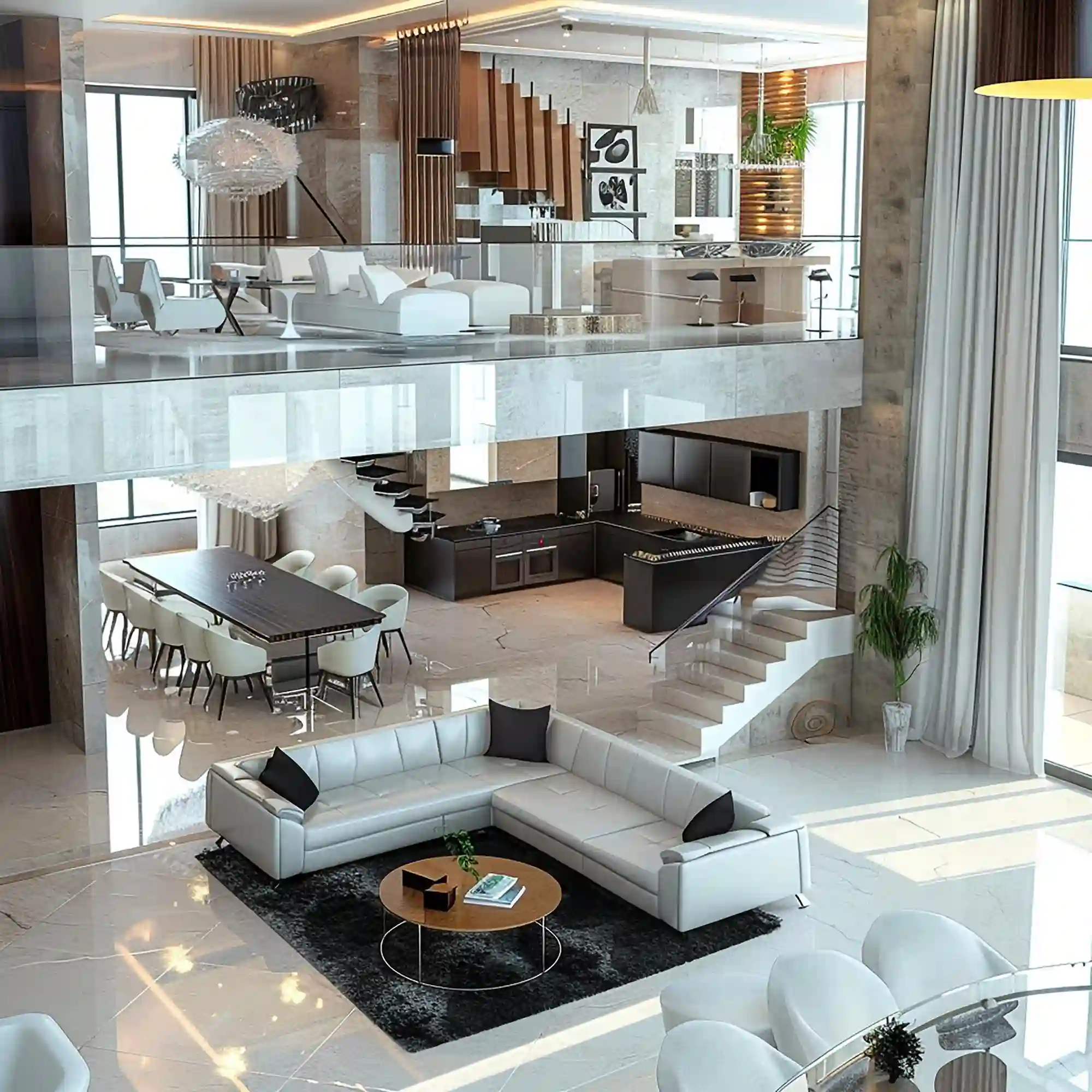 Open one-bedroom layout showing a defined living zone and sleeping area in warm neutral tones