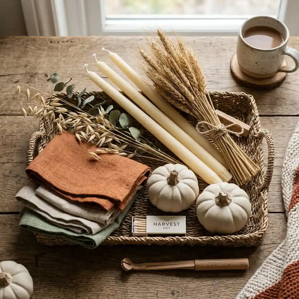 Flat lay of a compact autumn decor kit with linen covers, dried wheat, taper candles and cream ceramic pumpkins