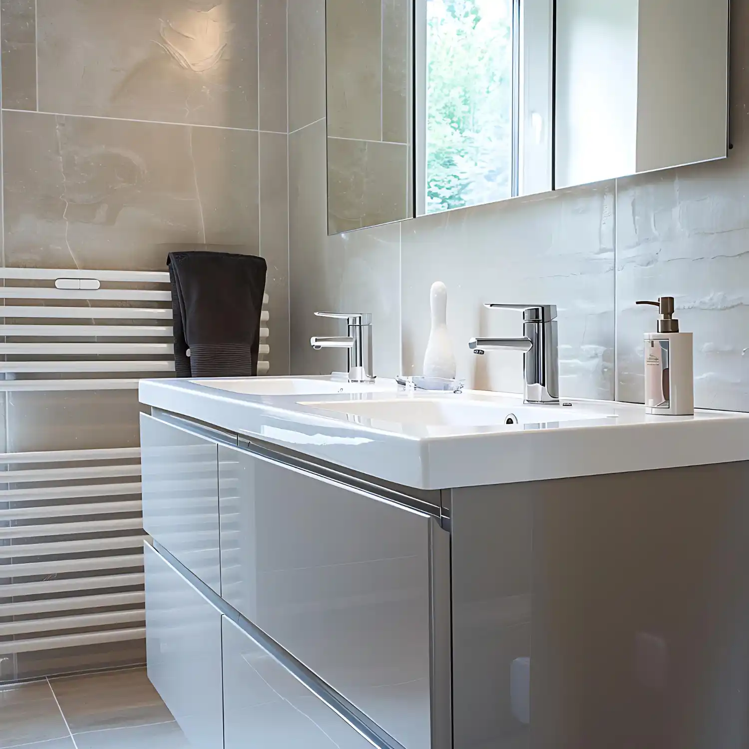 Bathroom repeating white oak and honed stone across vanity, mirror frame, and tray for cohesion