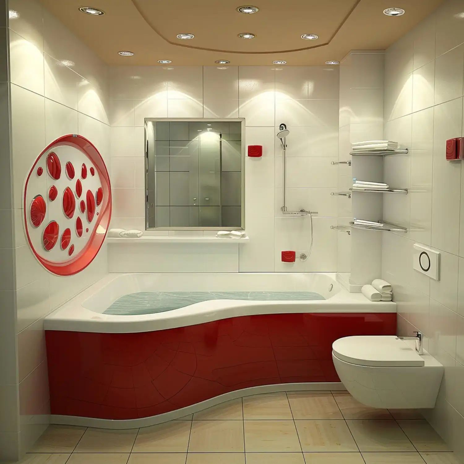 One-wall galley bathroom layout with toilet, vanity, and shower aligned along a single wall