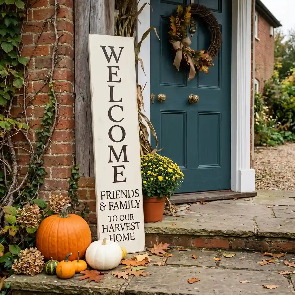 Cream painted board with tall dark serif lettering propped beside a front door and pumpkins
