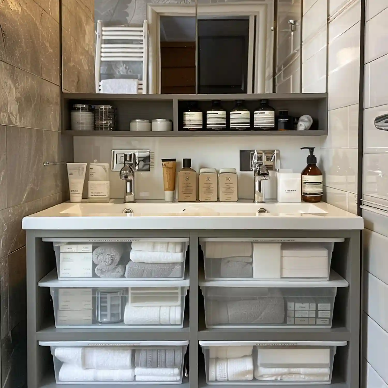 Styled open shelves beside a bathroom vanity with cream towels, stoneware jars, and greenery