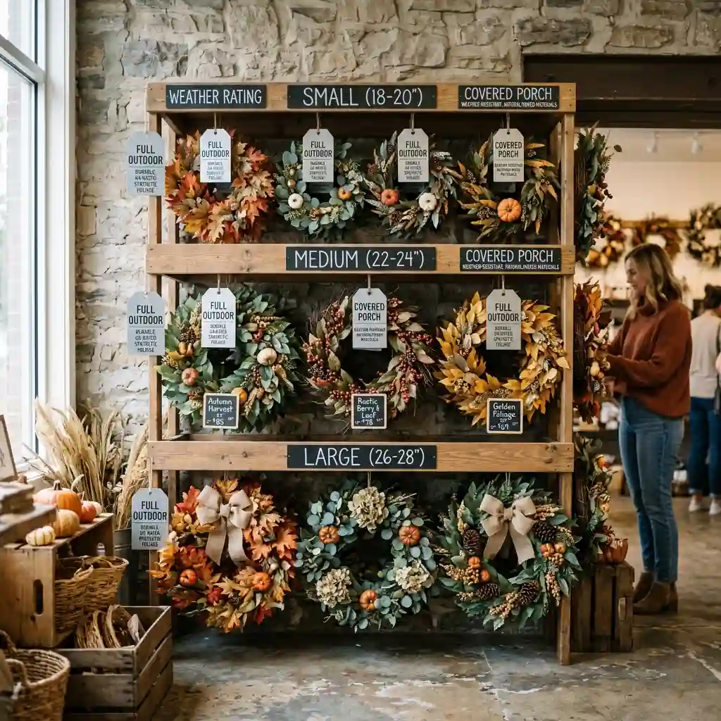 Shop display of outdoor fall wreaths on three shelves labelled small, medium and large, each tagged full outdoor or covered porch with price cards