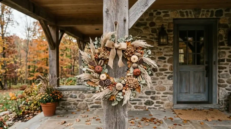 Weatherproof fall wreath with faux dried florals hanging on a covered porch post in autumn