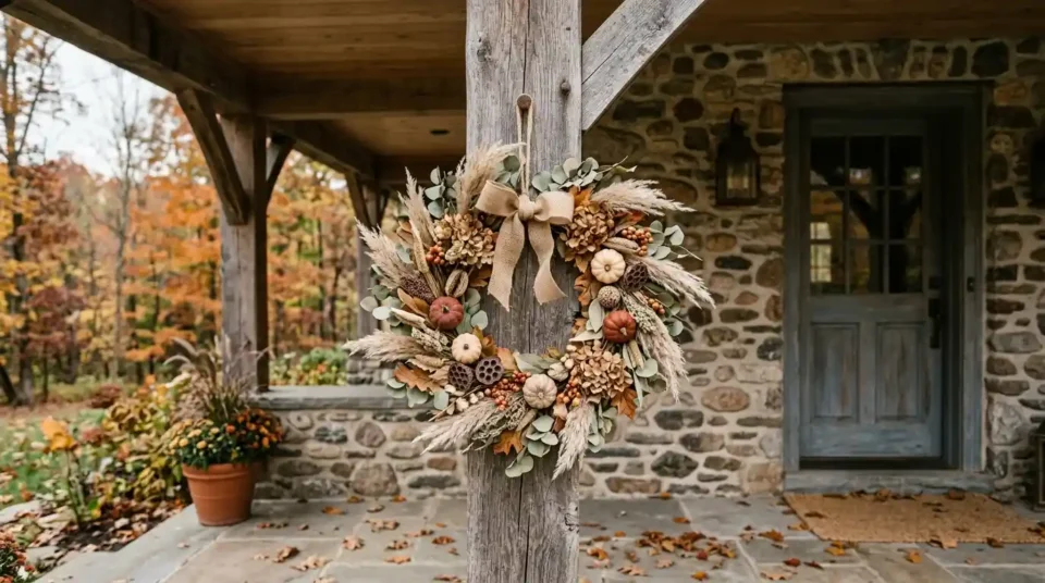 Weatherproof fall wreath with faux dried florals hanging on a covered porch post in autumn