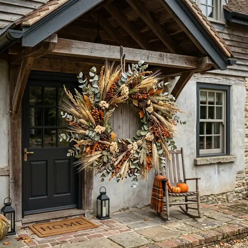 Fall wreaths across a whole home exterior, hung on the timber gate, both garage doors and the mailbox post