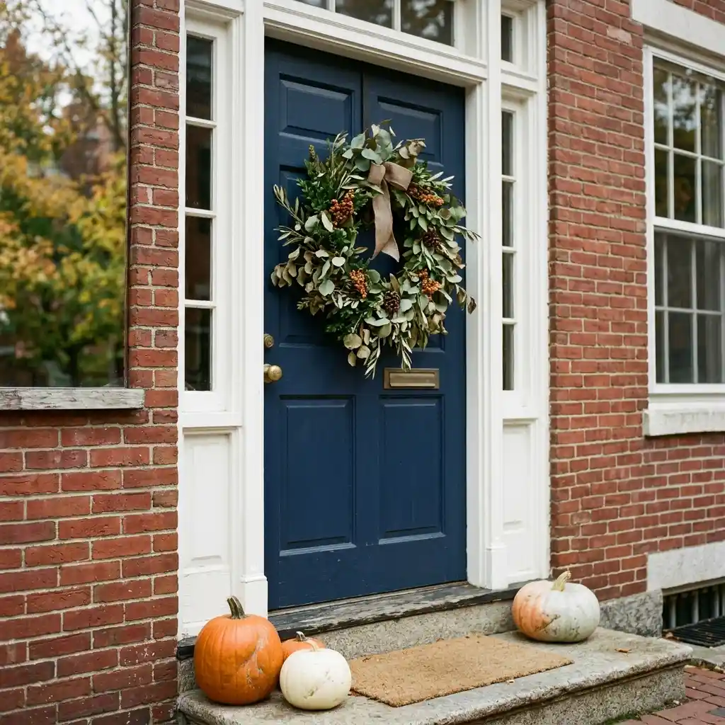 Fresh eucalyptus and berry fall wreath on a navy front door of a red brick house with pumpkins on the step