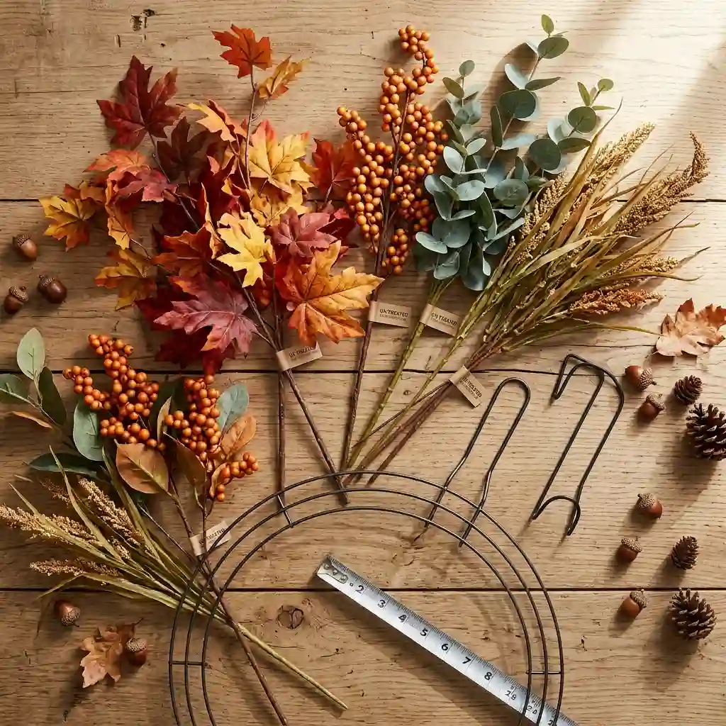 Flat lay of UV-treated faux fall stems tagged for outdoor use with a bare wire wreath frame, two over-door wreath hangers, a ruler, acorns and pinecones