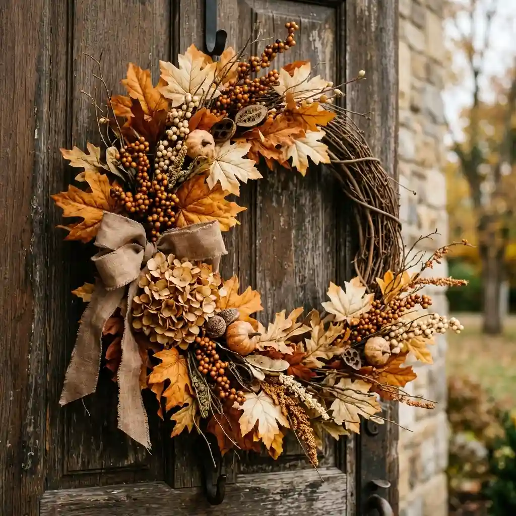 Close-up of UV-treated faux fall foliage in warm amber and cream tones on a wreath frame
