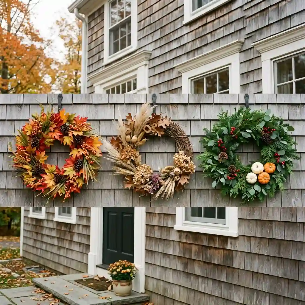 Three fall wreaths side by side on shingle siding showing faux maple, dried grapevine and fresh green pine materials