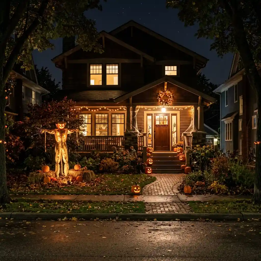 Outdoor halloween decorations arranged in layers from the curb to the door, showing yard, path and porch together
