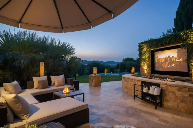 Covered backyard lounge with charcoal sectional, cedar pavilion, outdoor bar, warm lights, and a protected screen wall