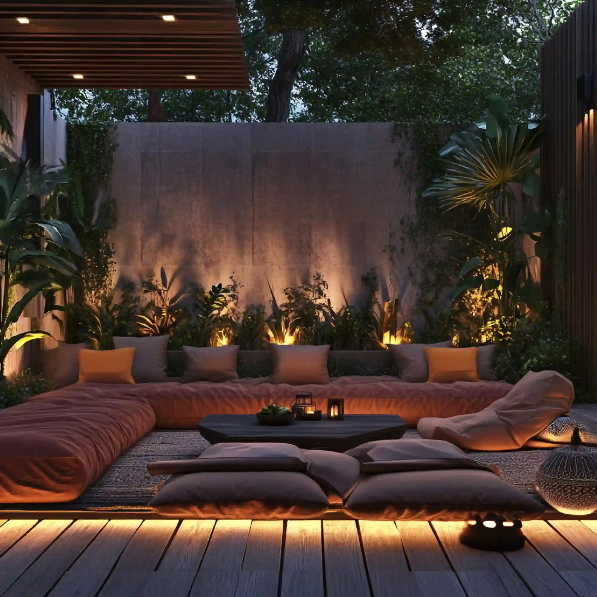 Collage of covered patio, pergola lounge, pavilion bar, and fire-pit seating in landscaped backyards