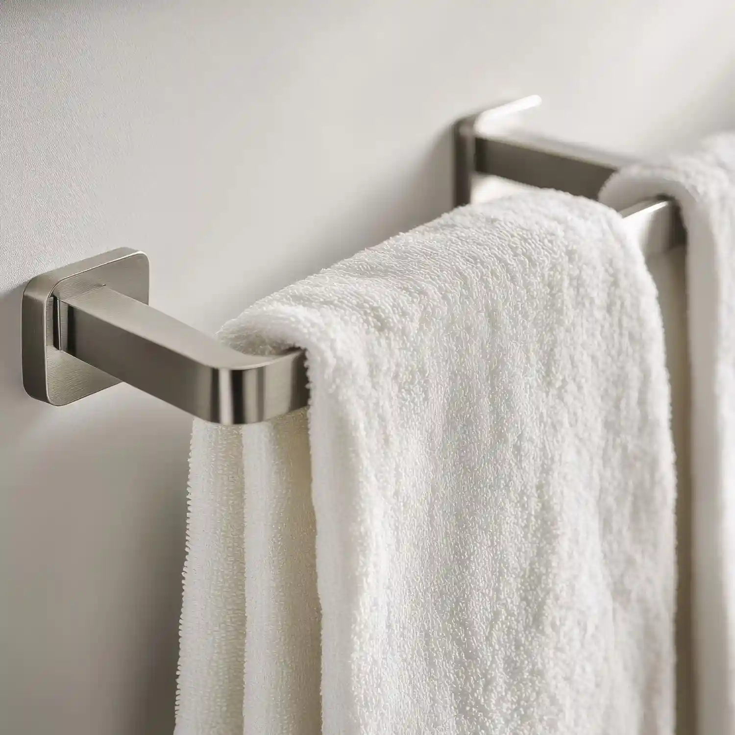 Over-the-door towel rack holding three towels on the back of a bathroom door in a small space