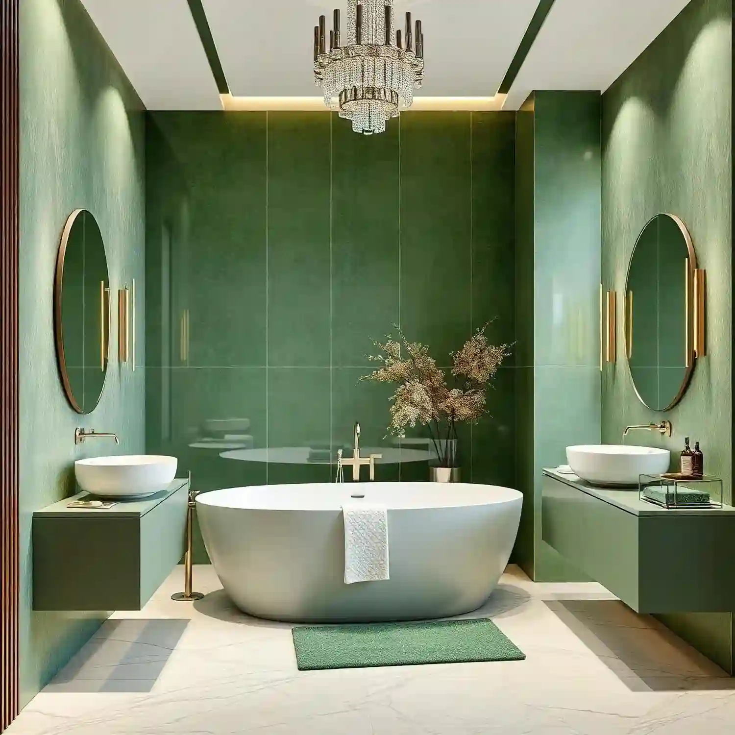 Color-drenched green shaker cabinet mounted above a toilet with brass knob and white walls