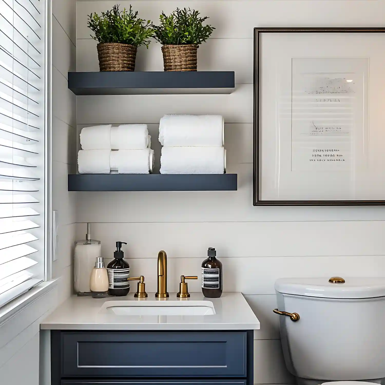 Two clean floating shelves above a toilet holding baskets and greenery instead of a wire rack