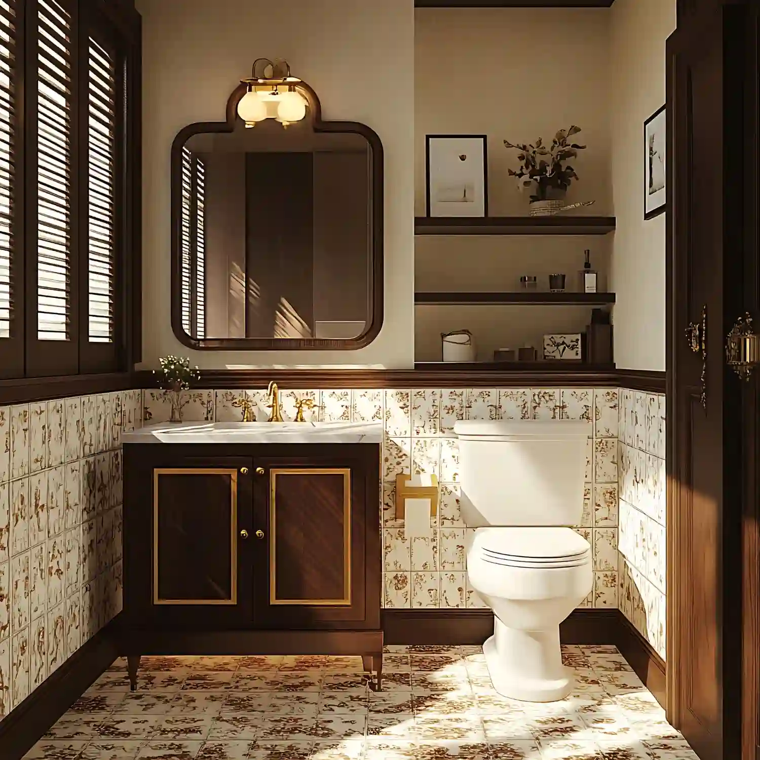 Farmhouse over-tank hutch with a closed cabinet on top and open wood shelves below the door