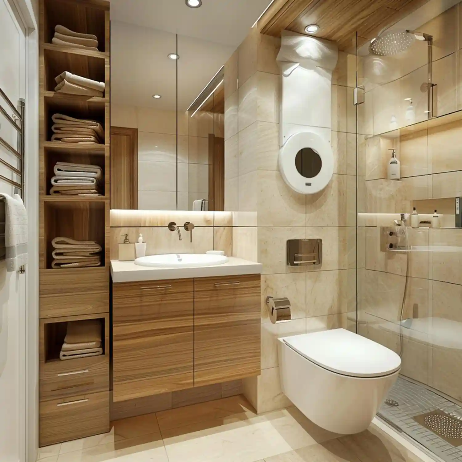 Built-in looking storage above a toilet with a tiled recessed niche and a paneled cabinet