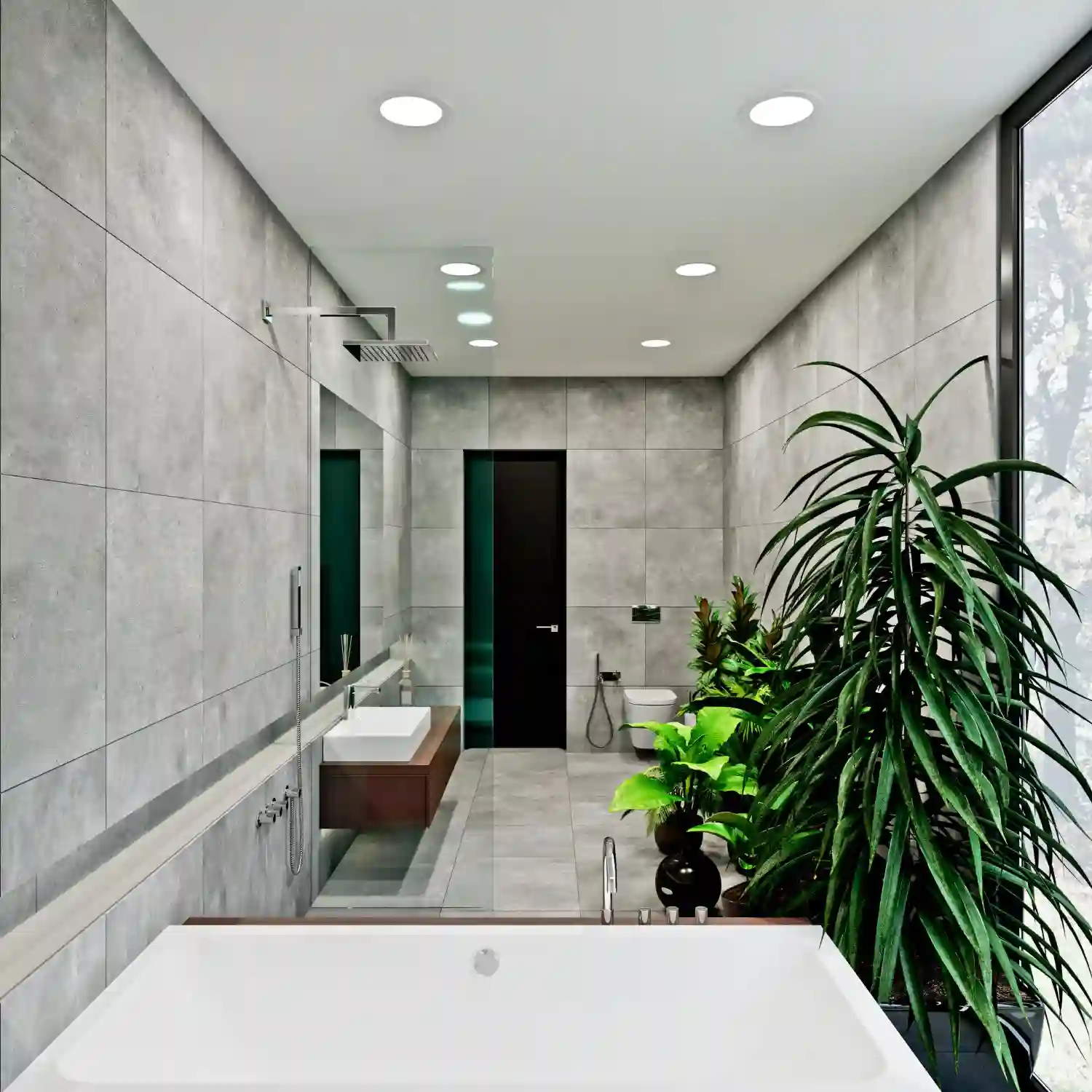 Tiled recessed wall niche above a toilet lined with the same tile as the vanity backsplash