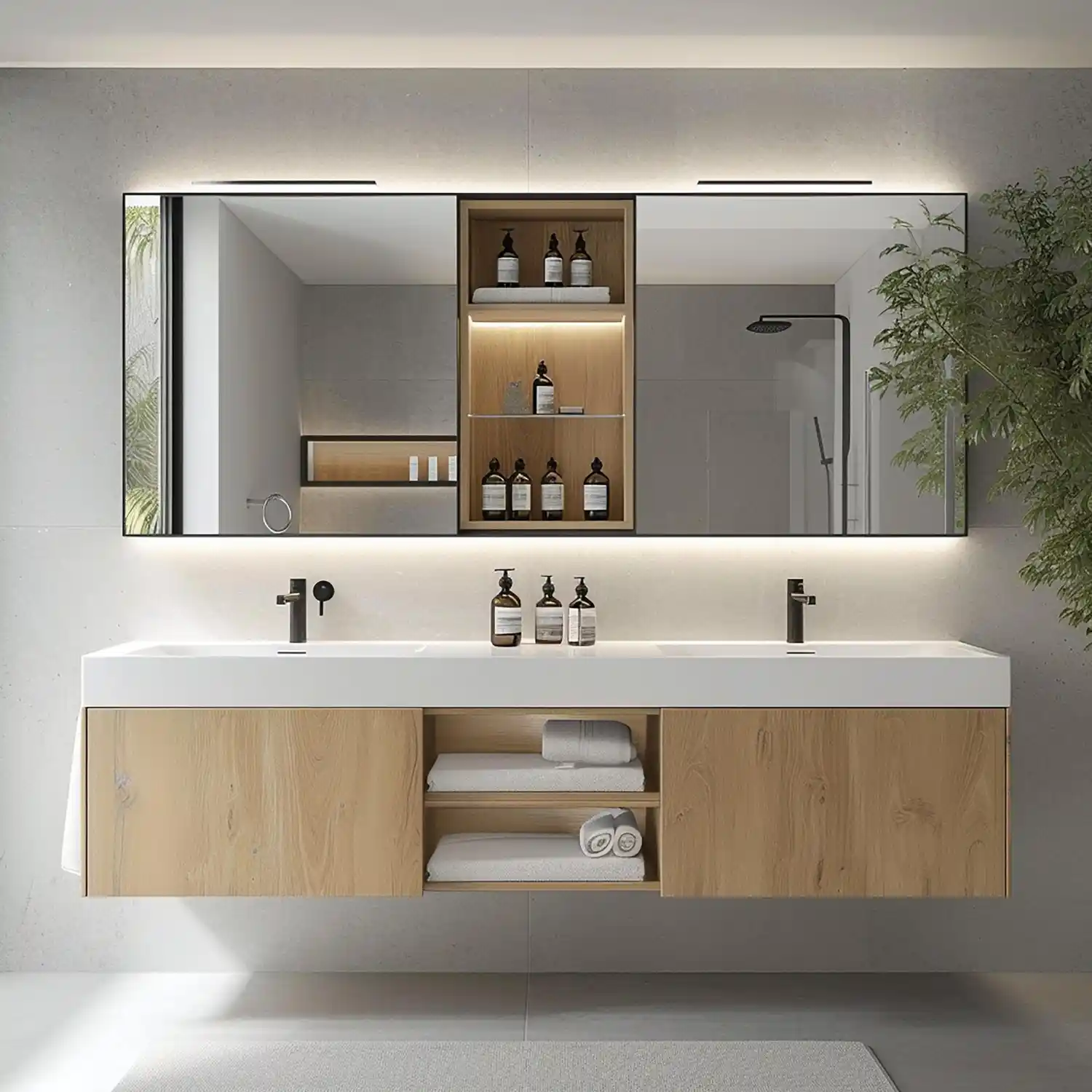 Shallow oak wall-mounted cabinet above a toilet with a plant and folded towels styled simply
