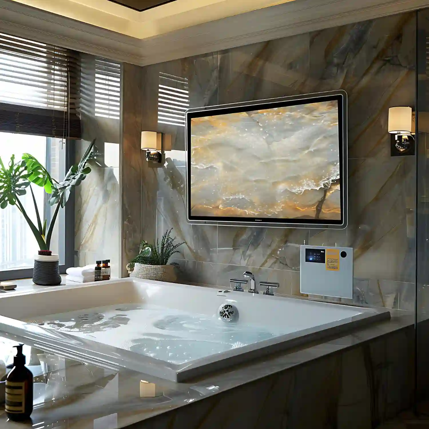 One oversized muted abstract canvas filling the wall above a freestanding tub in a neutral bathroom