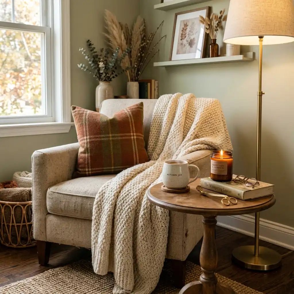 Oversized chunky wool knit throw draped over the back and arm of a linen armchair