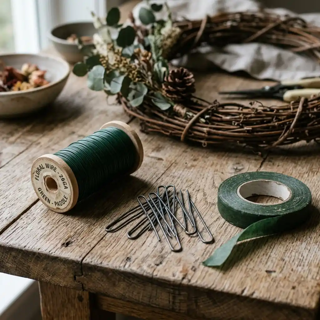 Close-up of paddle wire spool, floral pins, and floral tape arranged for wreath wiring