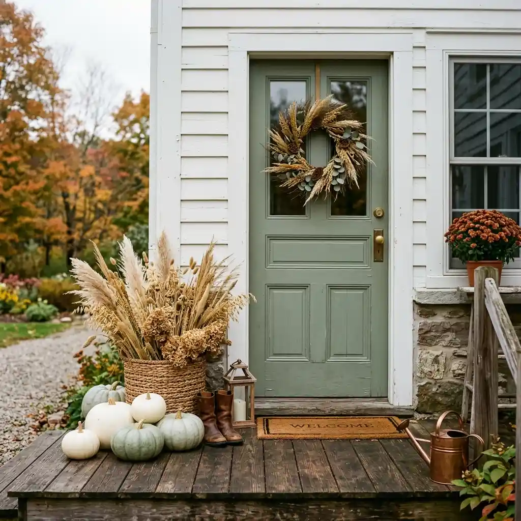 Early autumn porch with white and sage no-carve pumpkins beside dried grasses and a woven basket