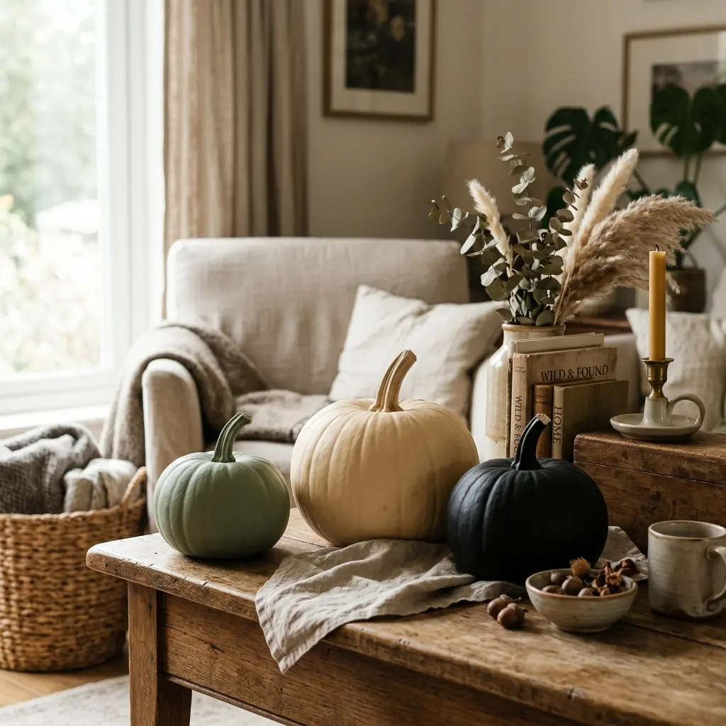 Three painted pumpkins in matte black, warm cream and sage green with painted stems on an oak surface