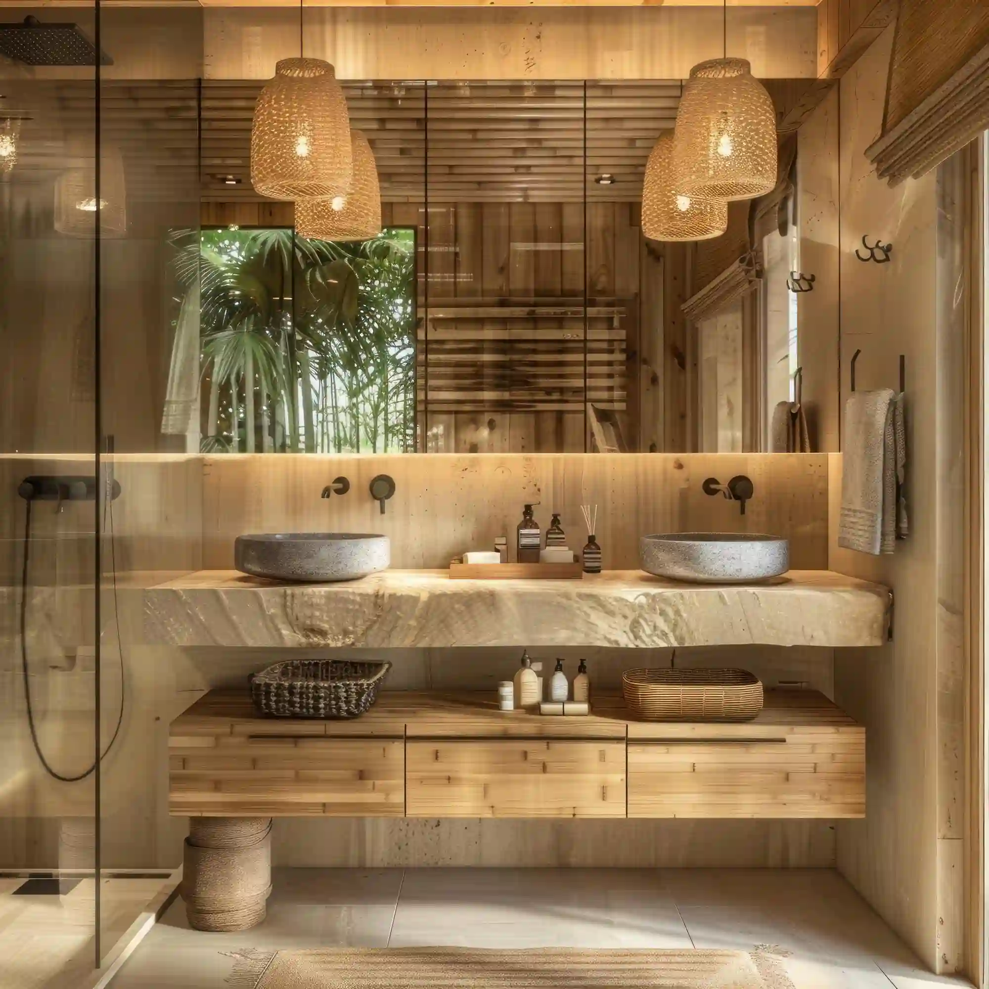 Pale oak vanity with tapered legs and simple hardware in a bright bathroom