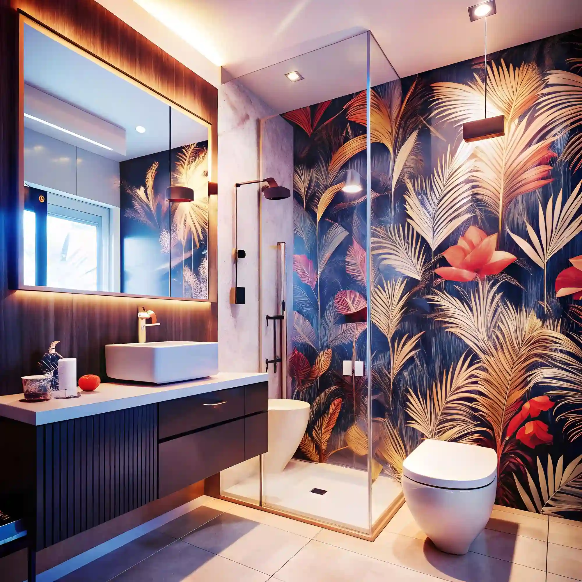 Sage green peel-and-stick wallpaper accent installed on the wall below a round bathroom mirror