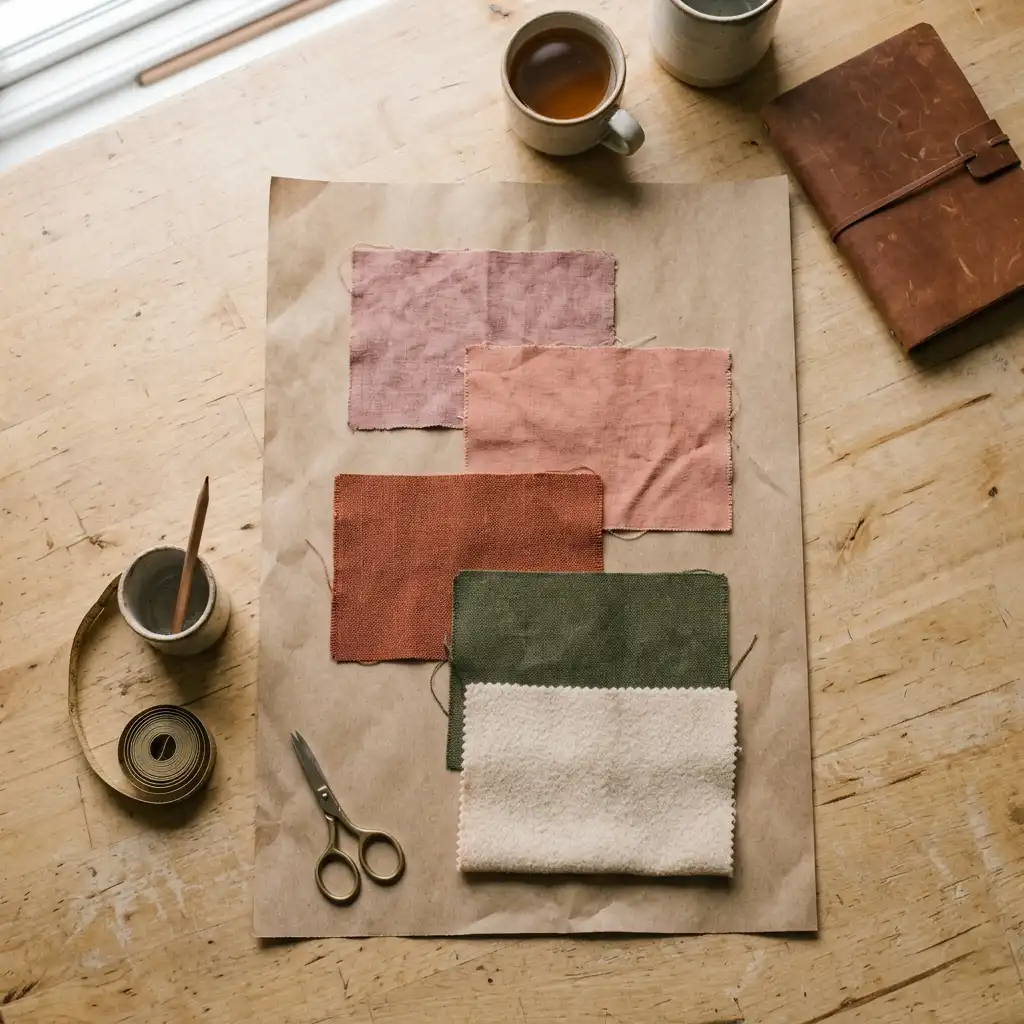 Flatlay of dusty rose, clay pink, rust, olive, and warm cream fabric swatches on brown kraft paper