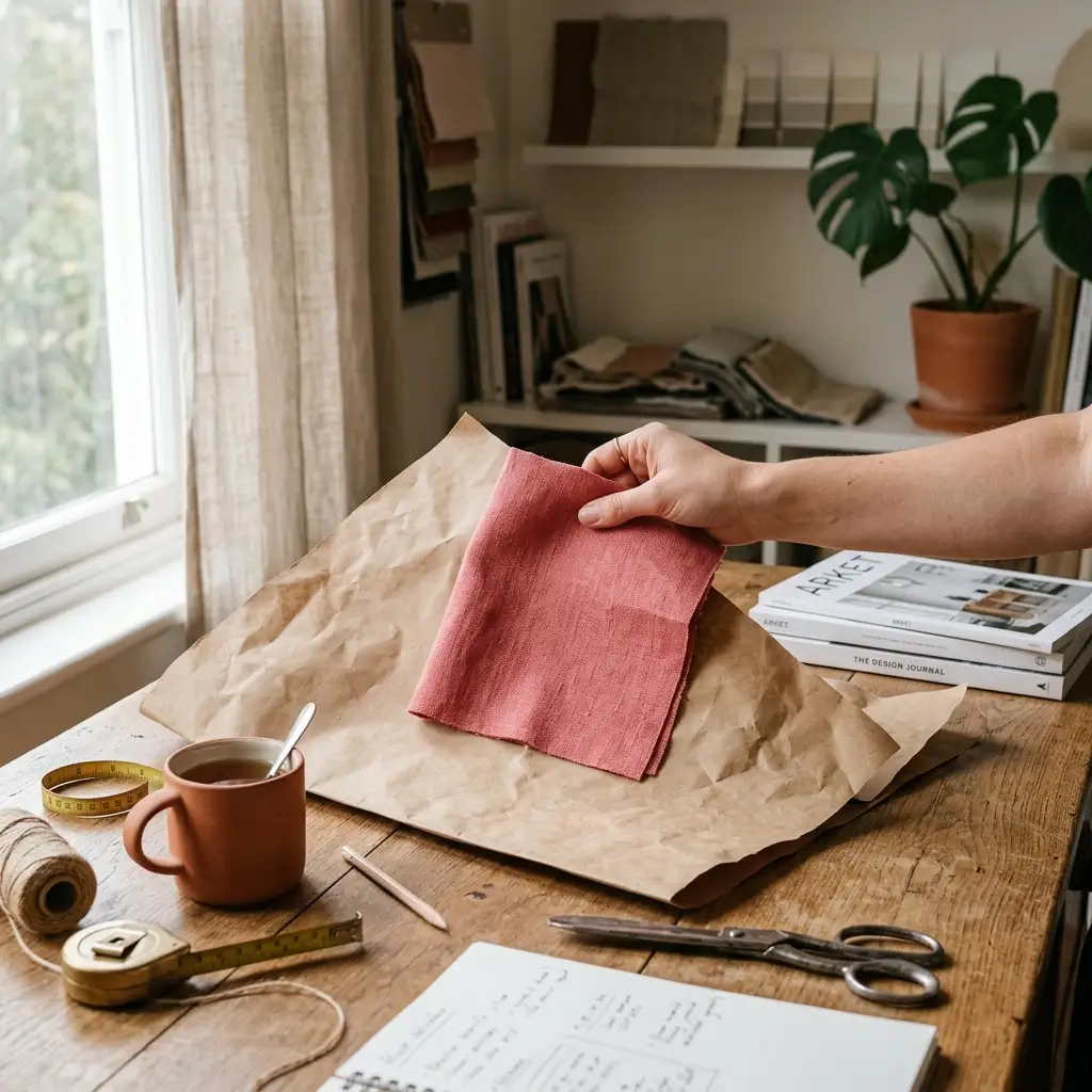 Hand holding a pink fabric sample against brown kraft paper to check its warm undertone