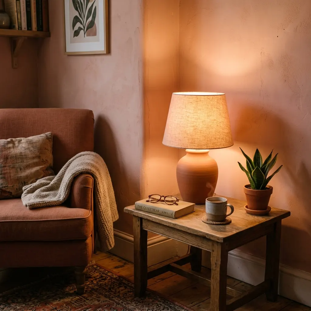 Clay pink corner lit only by a warm table lamp in the evening, showing the shade deepening toward peach