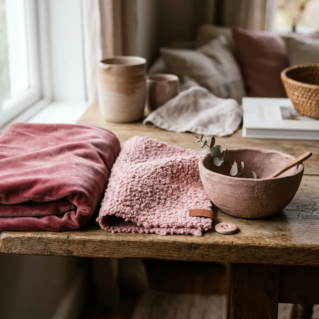 Close-up of rose velvet, pink boucle, and matte clay stoneware showing how texture changes the same pink