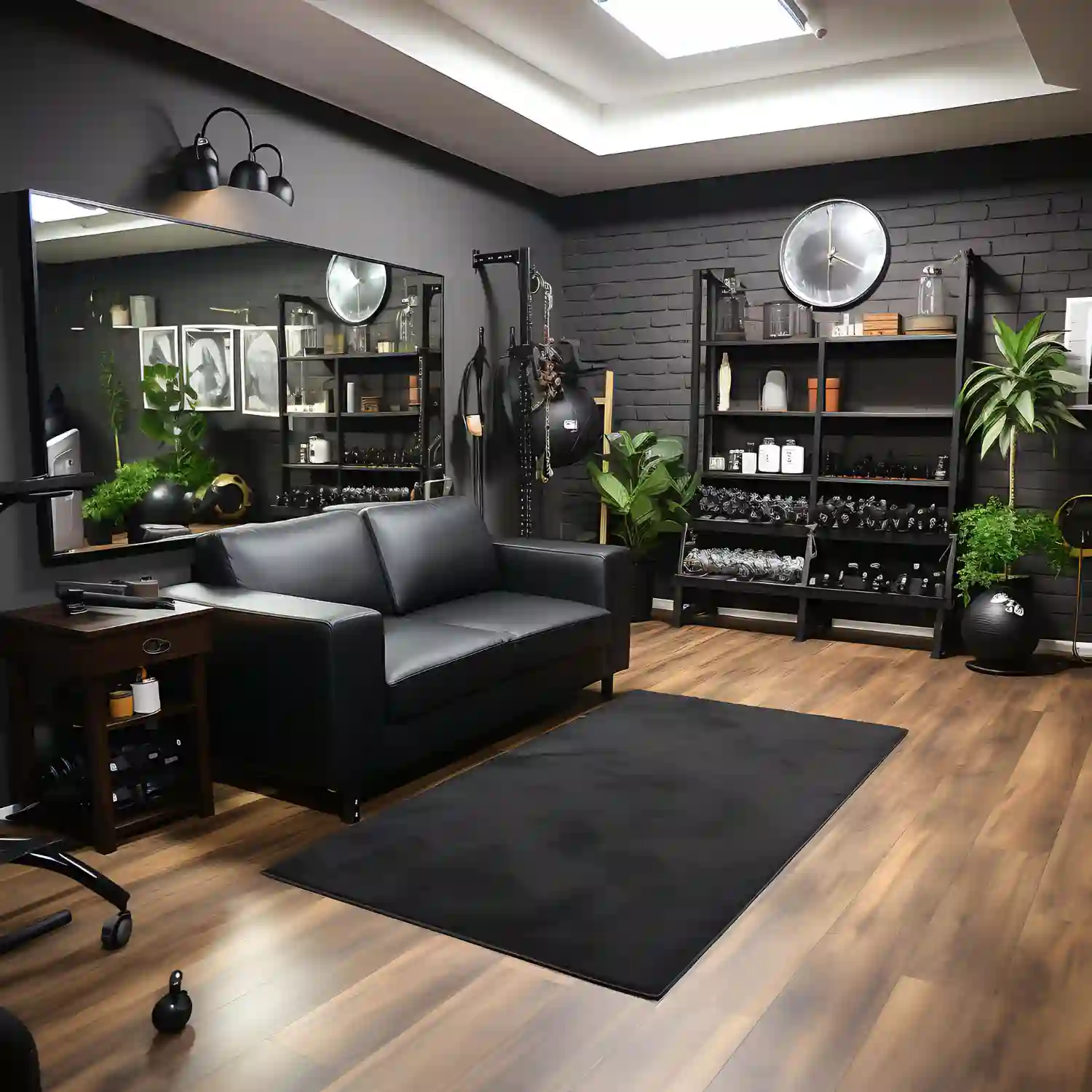 Polished charcoal concrete floor in an industrial-style man cave with leather seating