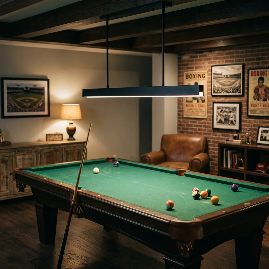 Linear pendant fixture hanging low over a pool table, lighting the felt evenly with no glare