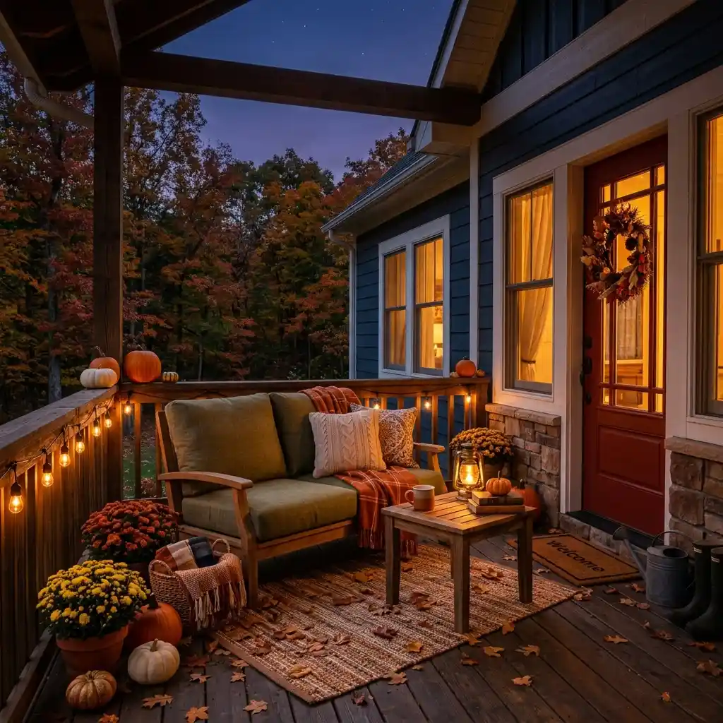 Small brass lantern and a plug-in wall sconce lighting a porch seat at chair height after dark