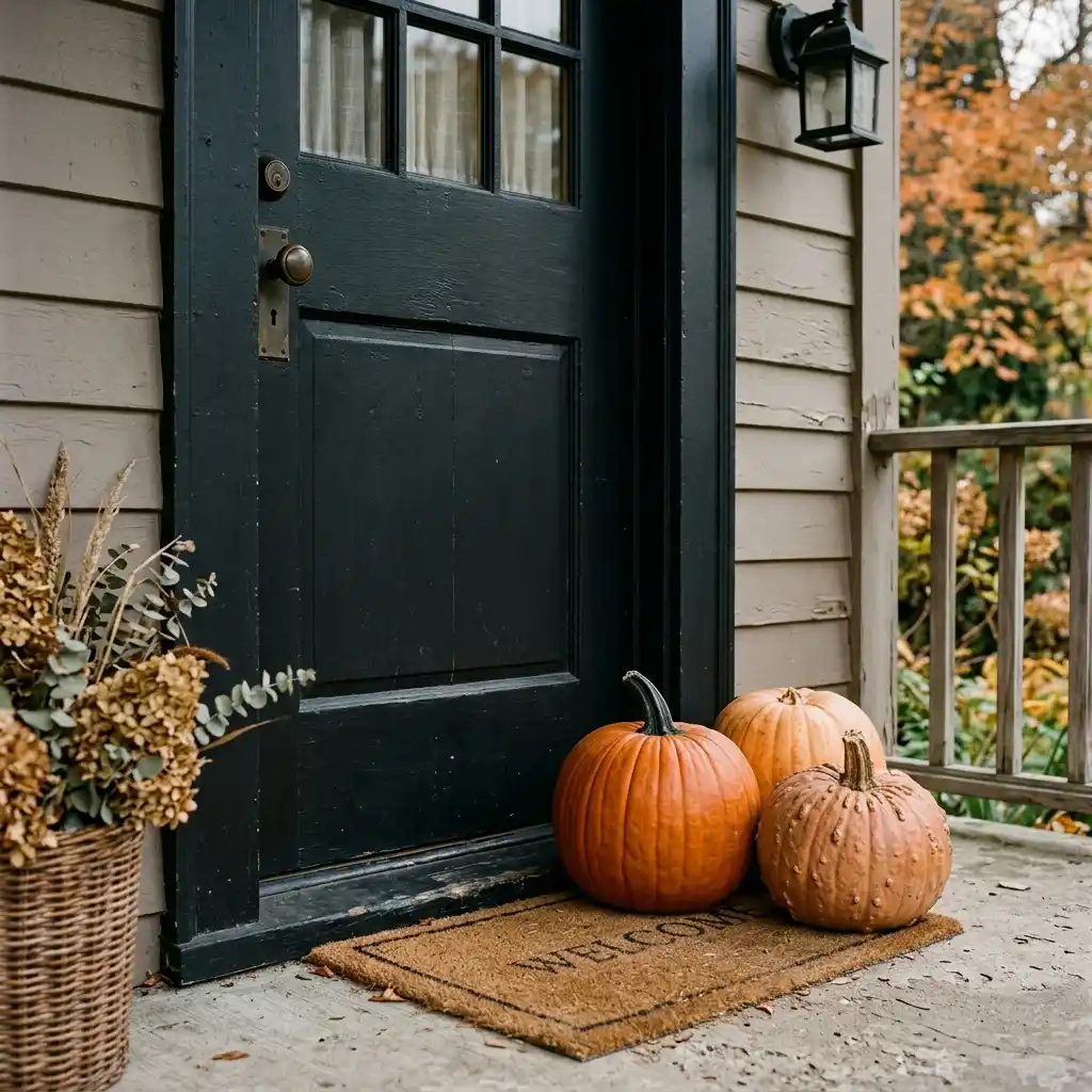 Fall porch pumpkin display of three uncarved pumpkins grouped tight against a black front door frame