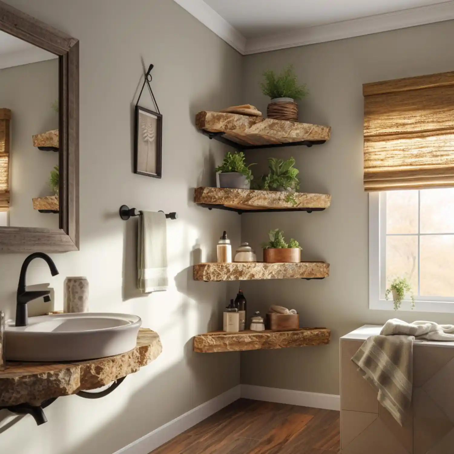 Trailing pothos vine cascading from a floating shelf in a warm, softly lit bathroom