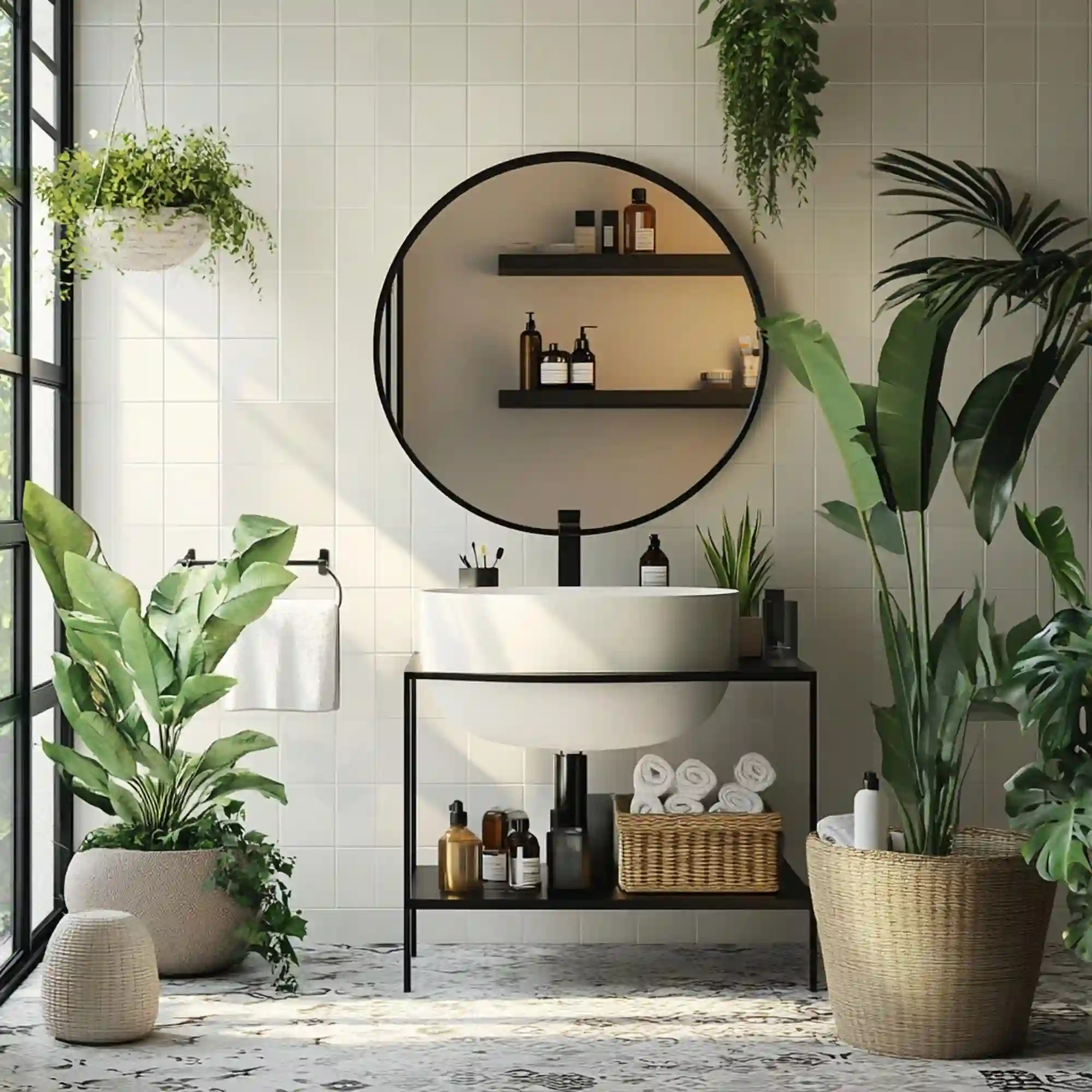A pothos plant in a small pot on a floating oak shelf in a low-light bathroom corner